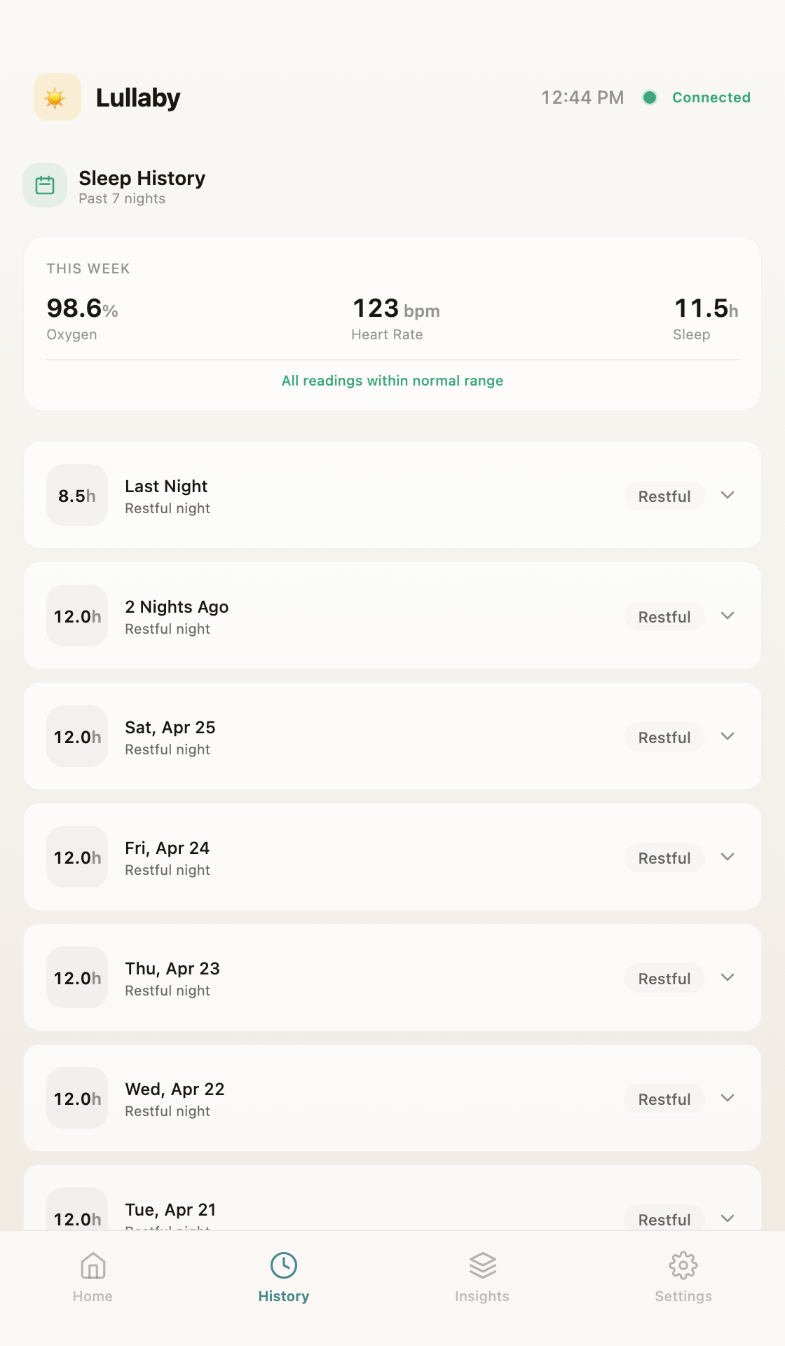 Sleep history with weekly averages and nightly session log