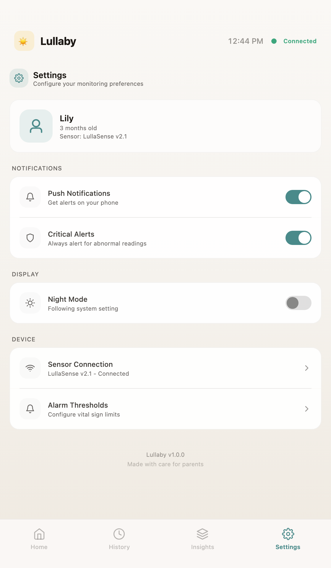 Settings with notifications, display, and device configuration