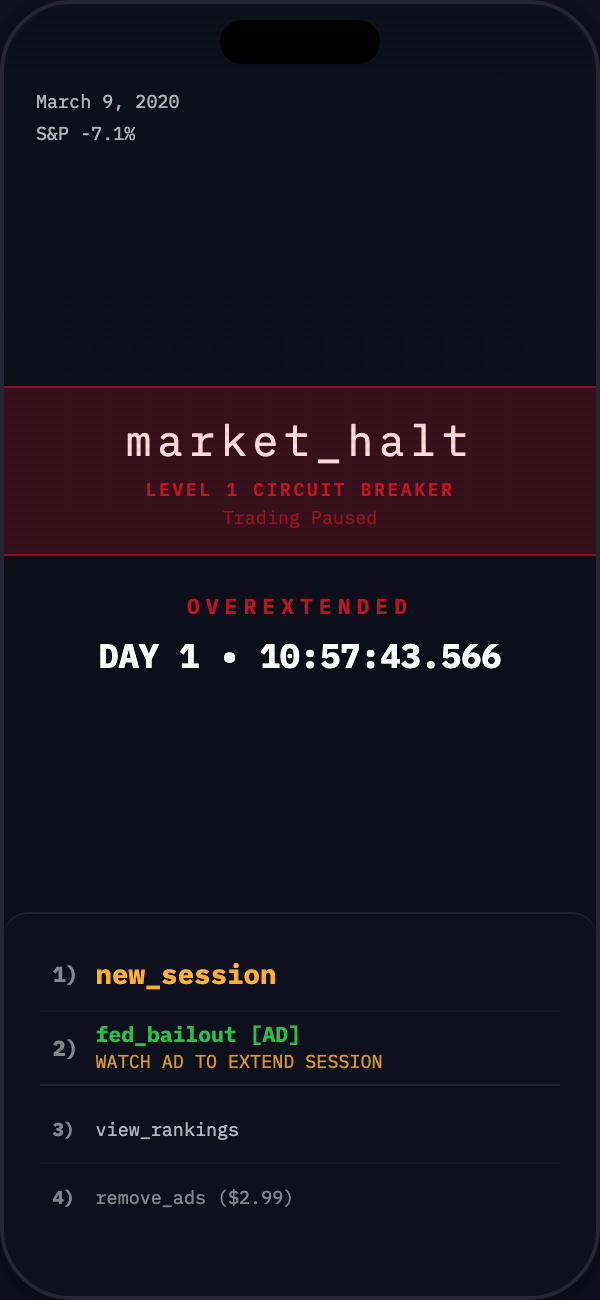 Circuit breaker game-over screen with market_halt banner, WCAG-compliant typography, and terminal-style menu