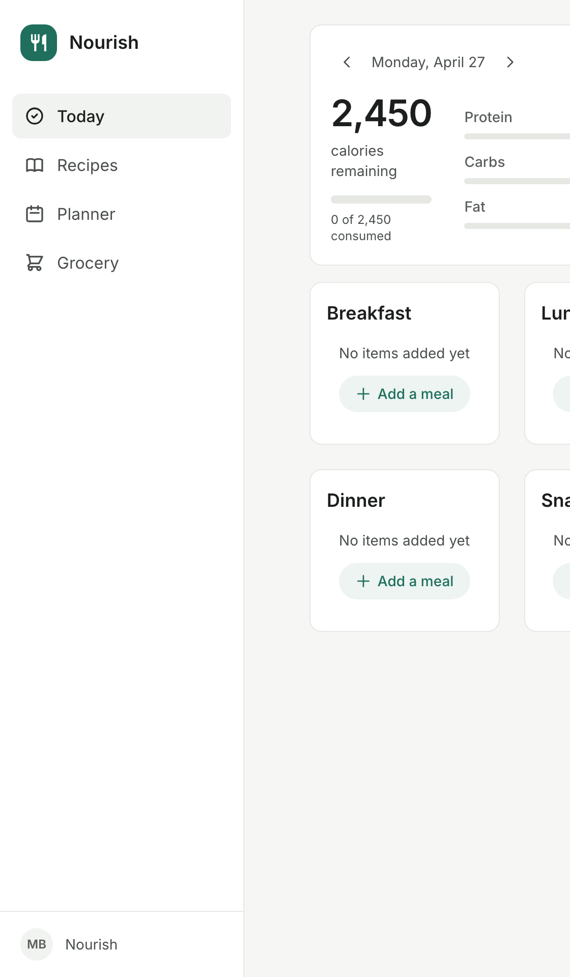 Today view with daily macro tracking — calories remaining, protein, carbs, fat