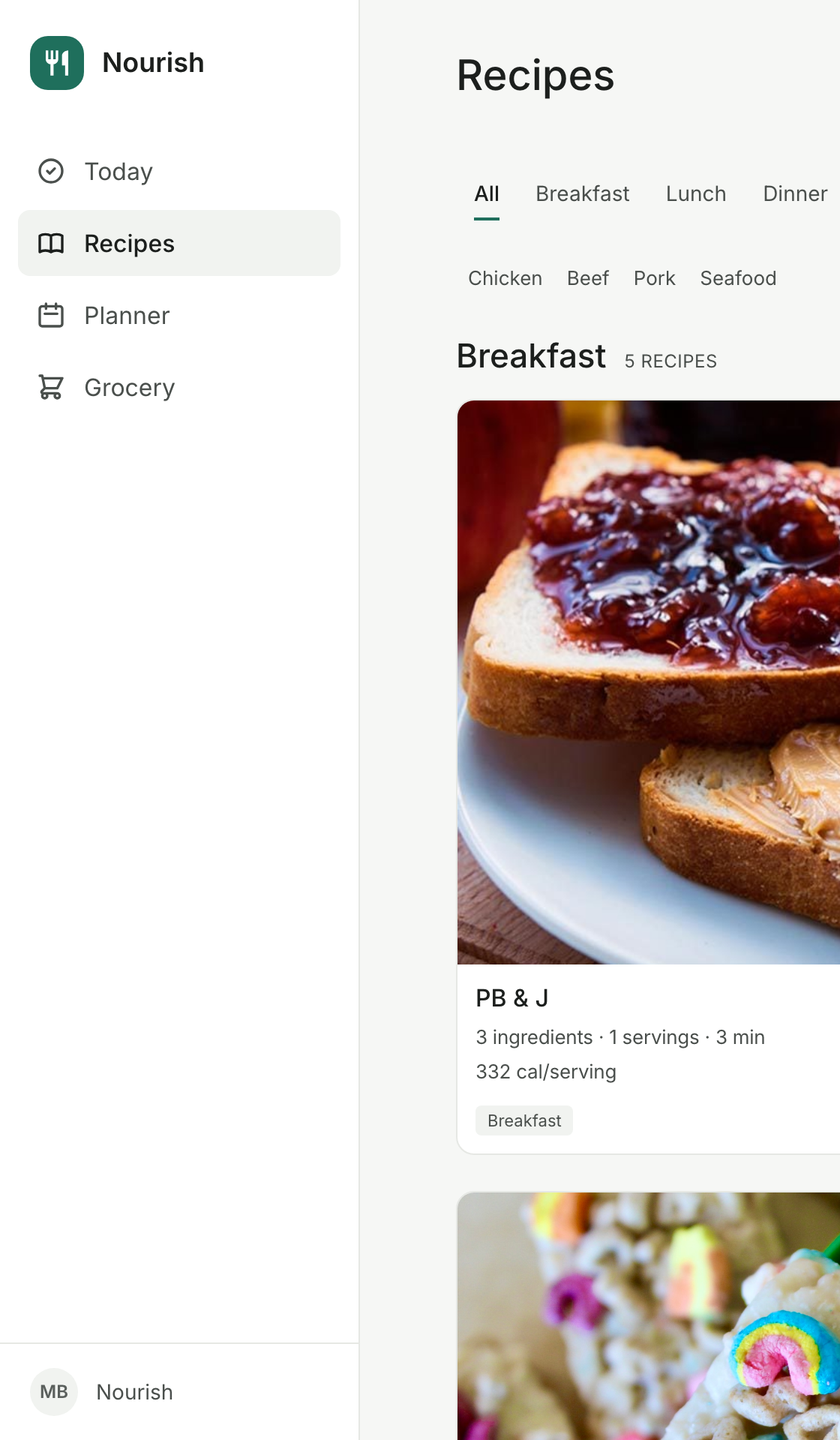 Recipes view with category tabs, protein filters, and recipe cards