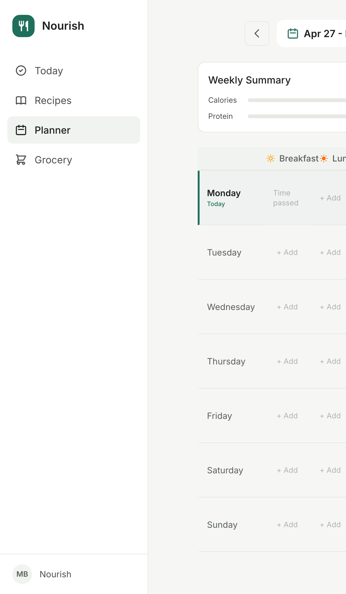 Weekly meal planner with 7-day grid and per-meal slots