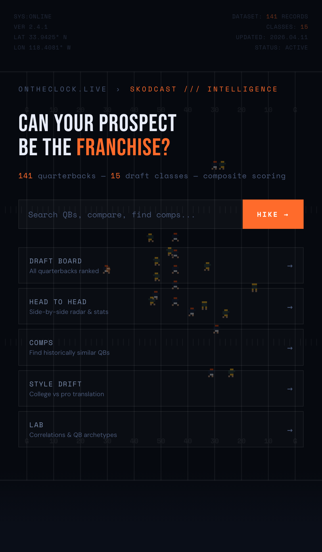 QB Prospects home — control room with search and navigation