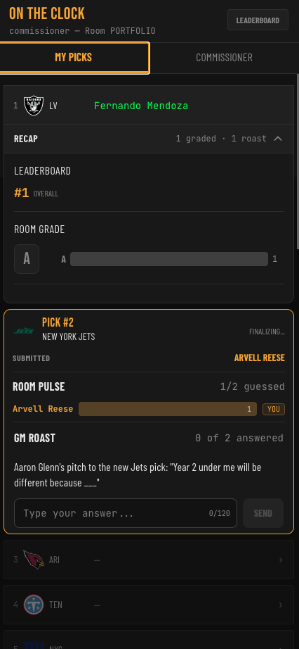 Live pick flow with Room Pulse and GM Roast