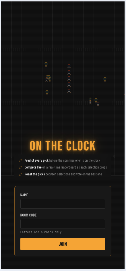Join screen with room code entry and three value props