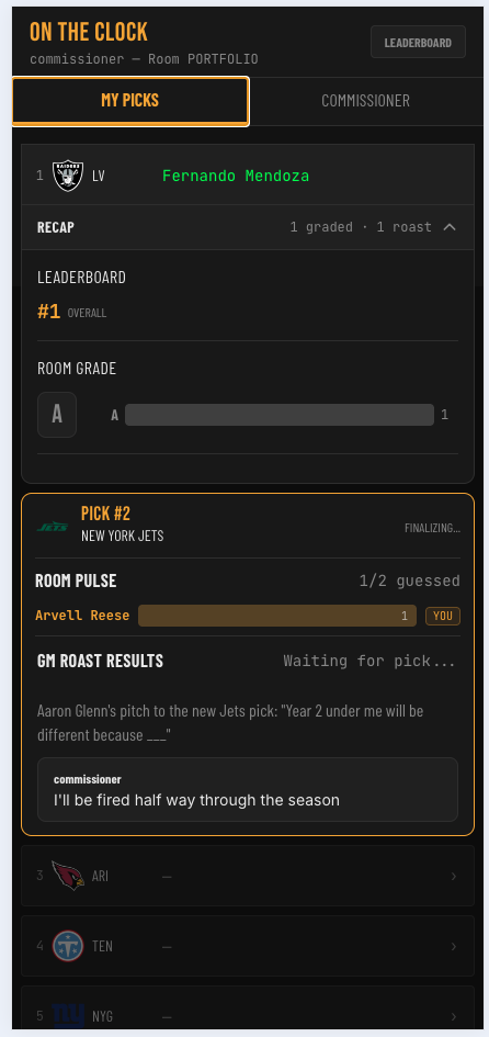 Live pick flow with Room Pulse, GM Roast, and real-time scoring